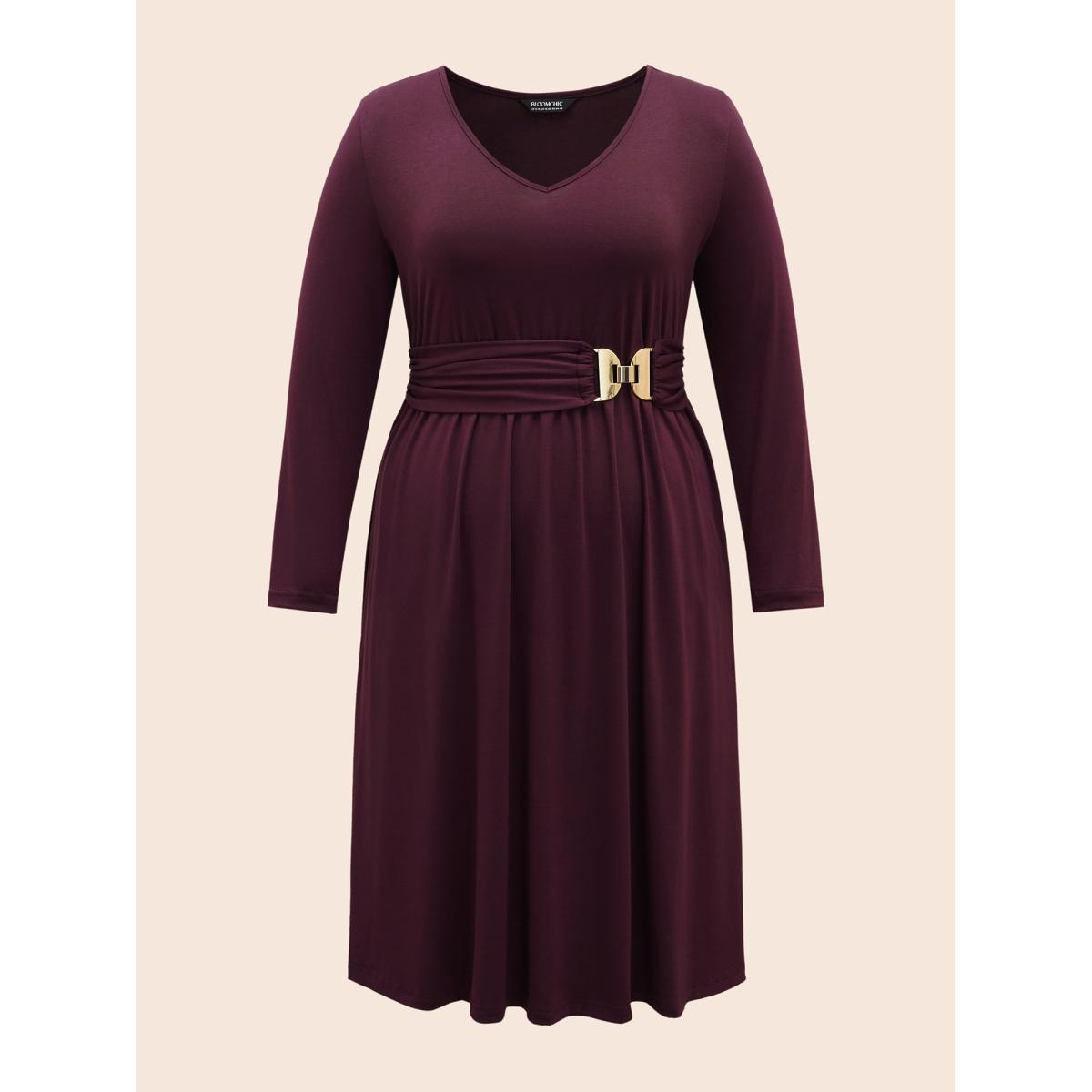 Plus Size Solid Metal Detail Midi Dress Deeppurplered Women Casual Belted V-neck Long Sleeve Curvy BloomChic 14-16/1X Product Image