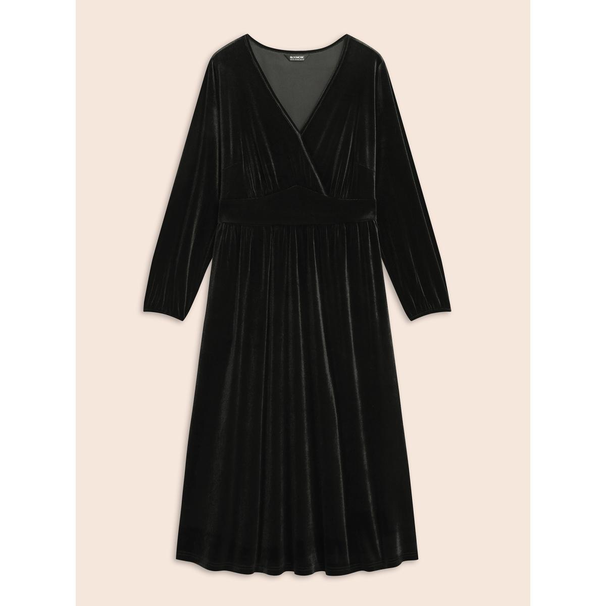 Plus Size Velvet Overlap Collar Shirred Gathered Dress Black Women Elegant Texture Overlap Collar Long Sleeve Curvy BloomChic 26/4X Product Image