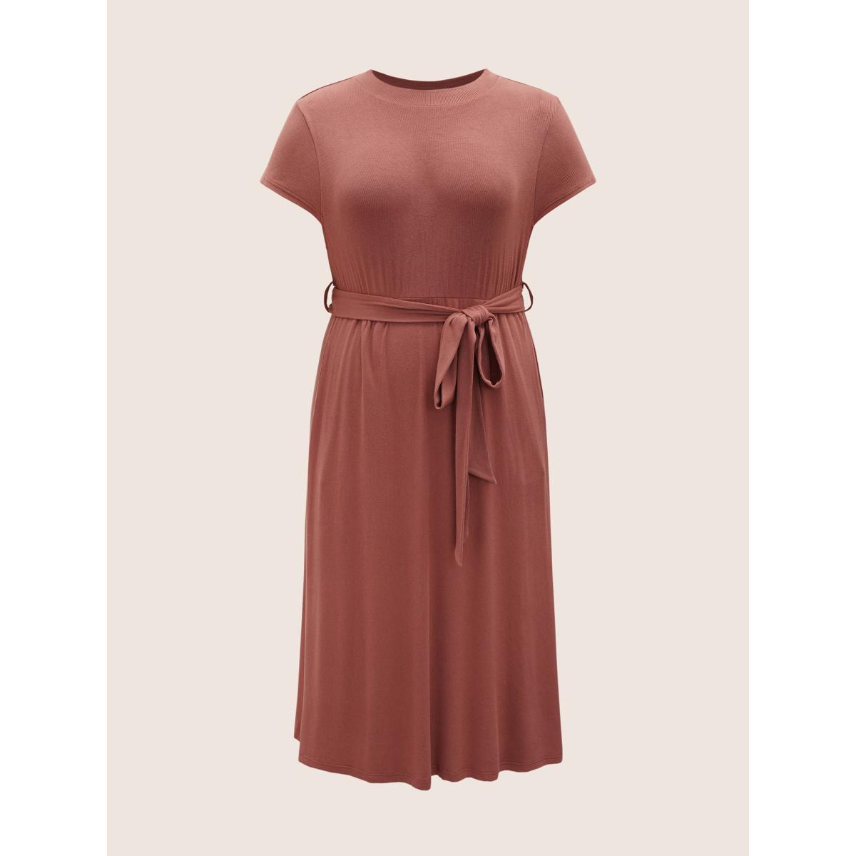 Plus Size Plain Belted Gathered Pit Strip Dress Coral Women Casual Gathered Round Neck Cap Sleeve Curvy BloomChic 26/4X Product Image