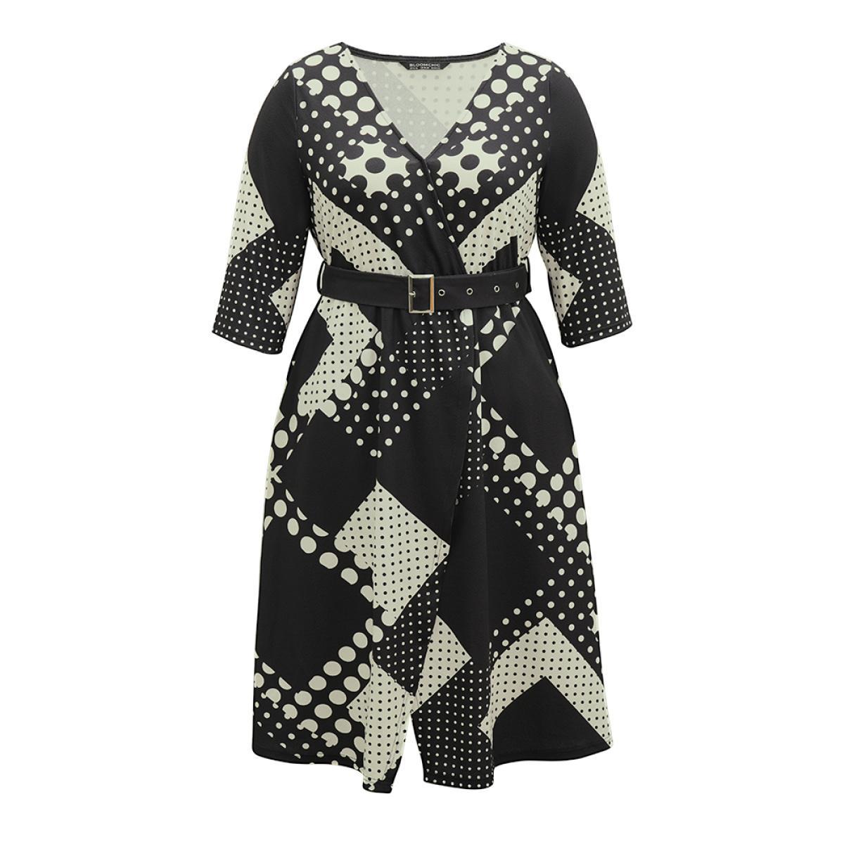 Plus Size Polka Dot Geometric print Belted Wrap Dress Black Women At the Office Wrap Overlap Collar Elbow-length sleeve Curvy Midi Dress BloomChic 28/5X Product Image
