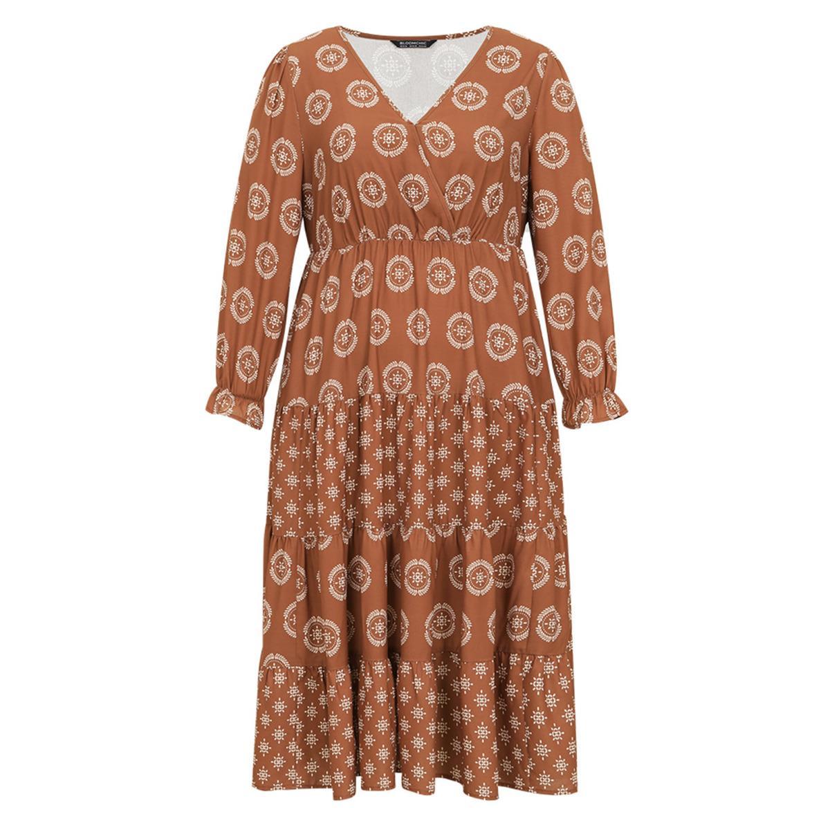 Plus Size Geometric Wrap Ruffle Layered Hem Dress Chocolate Women Vacation Wrap Overlap Collar Long Sleeve Curvy Midi Dress BloomChic 28/5X Product Image