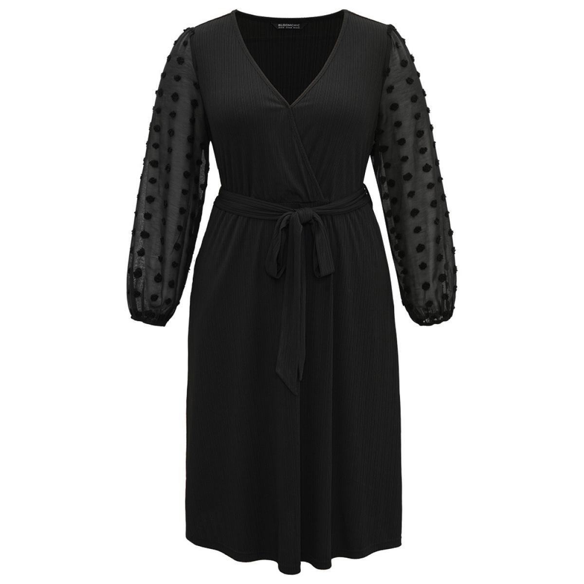 Plus Size Polka Dot Chiffon Mesh Patchwork Wrap Dress Black Women Elegant Elastic cuffs Overlap Collar Long Sleeve Curvy Midi Dress BloomChic 10/M Product Image