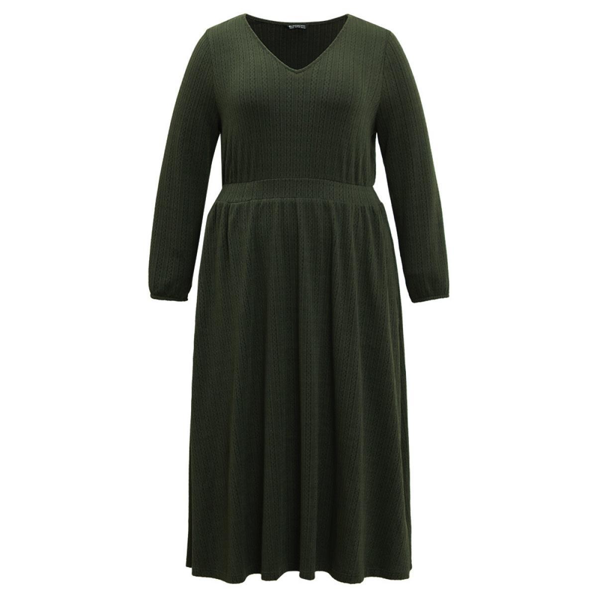 Plus Size Plain Plisse Elastic Cuffs Midi Dress ArmyGreen Women Elegant Elastic cuffs V-neck Long Sleeve Curvy Midi Dress BloomChic 14-16/1X Product Image