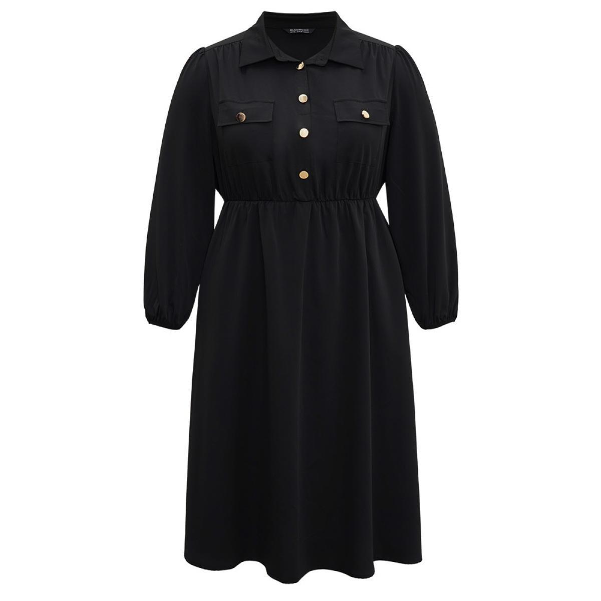 Plus Size Static-Free Plain Button Detail Lantern Sleeve Dress Black Women Office Elastic cuffs Shirt collar Long Sleeve Curvy Midi Dress BloomChic 28/5X Product Image