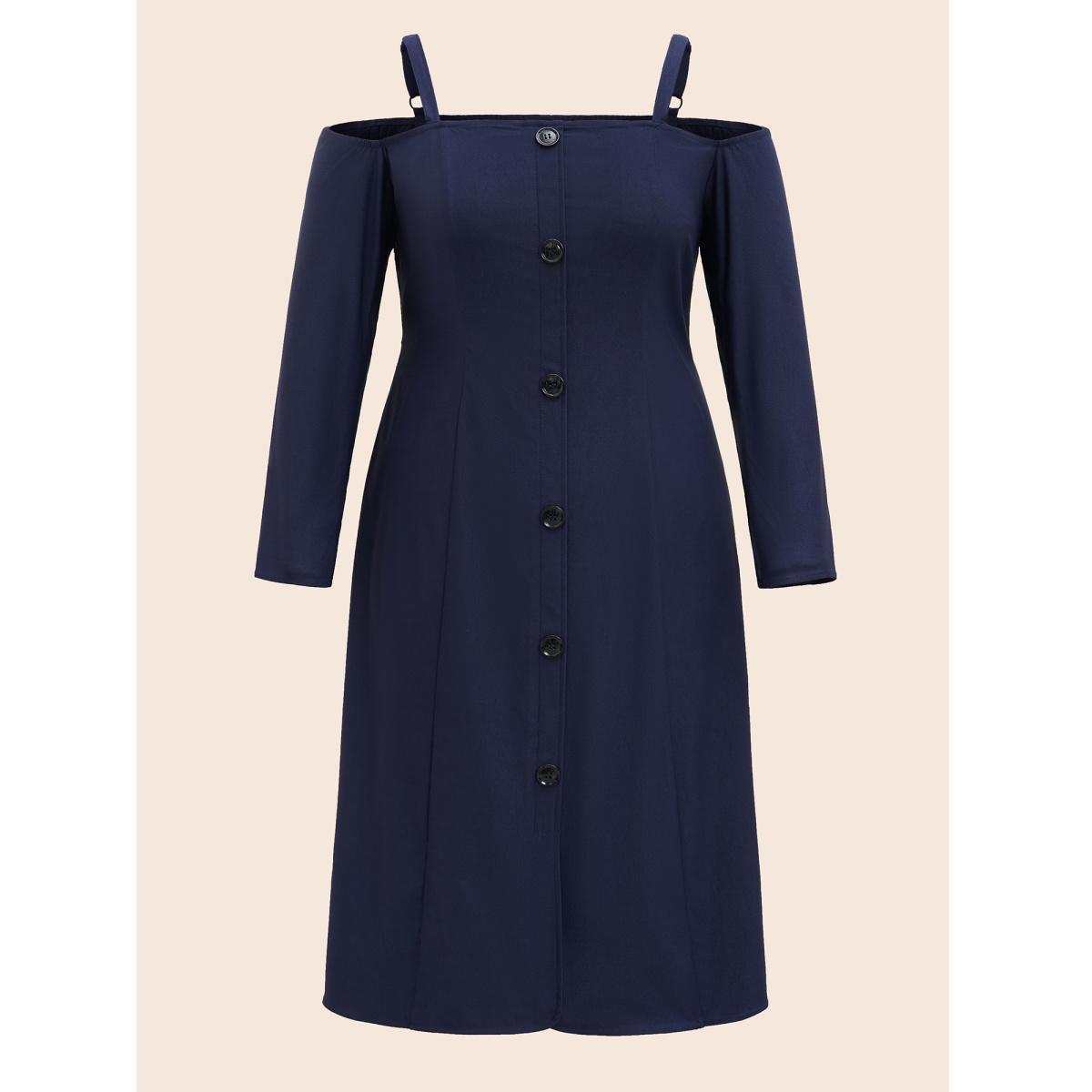 Plus Size Stretch Woven One-Shoulder Midi Dress DarkBlue Women At the Office Button One-shoulder neck Long Sleeve Curvy BloomChic 12/L Product Image