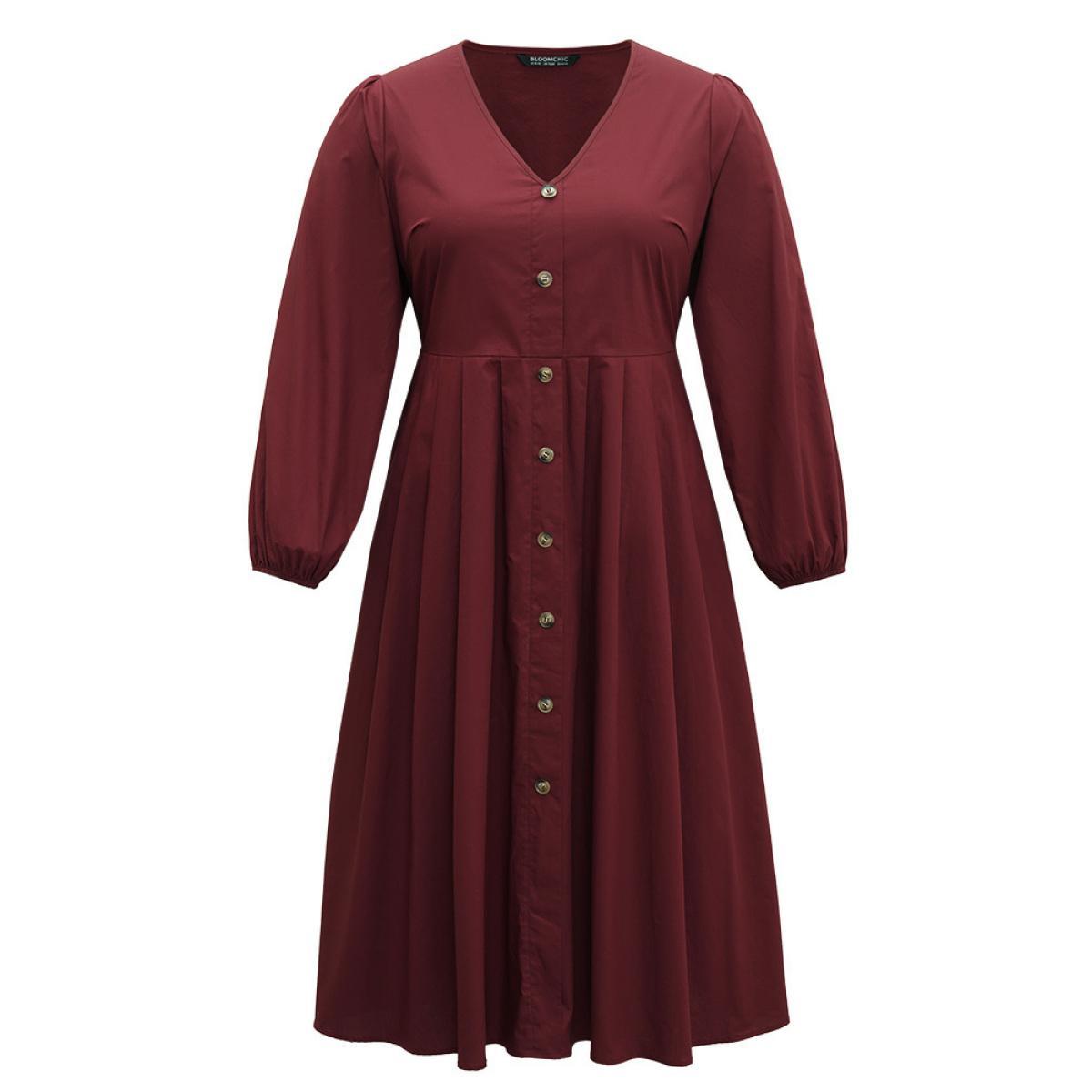 Plus Size Cotton Button Detail Elastic Cuffs Dress Burgundy Women Elegant Elastic cuffs V-neck Long Sleeve Curvy Midi Dress BloomChic 14-16/1X Product Image