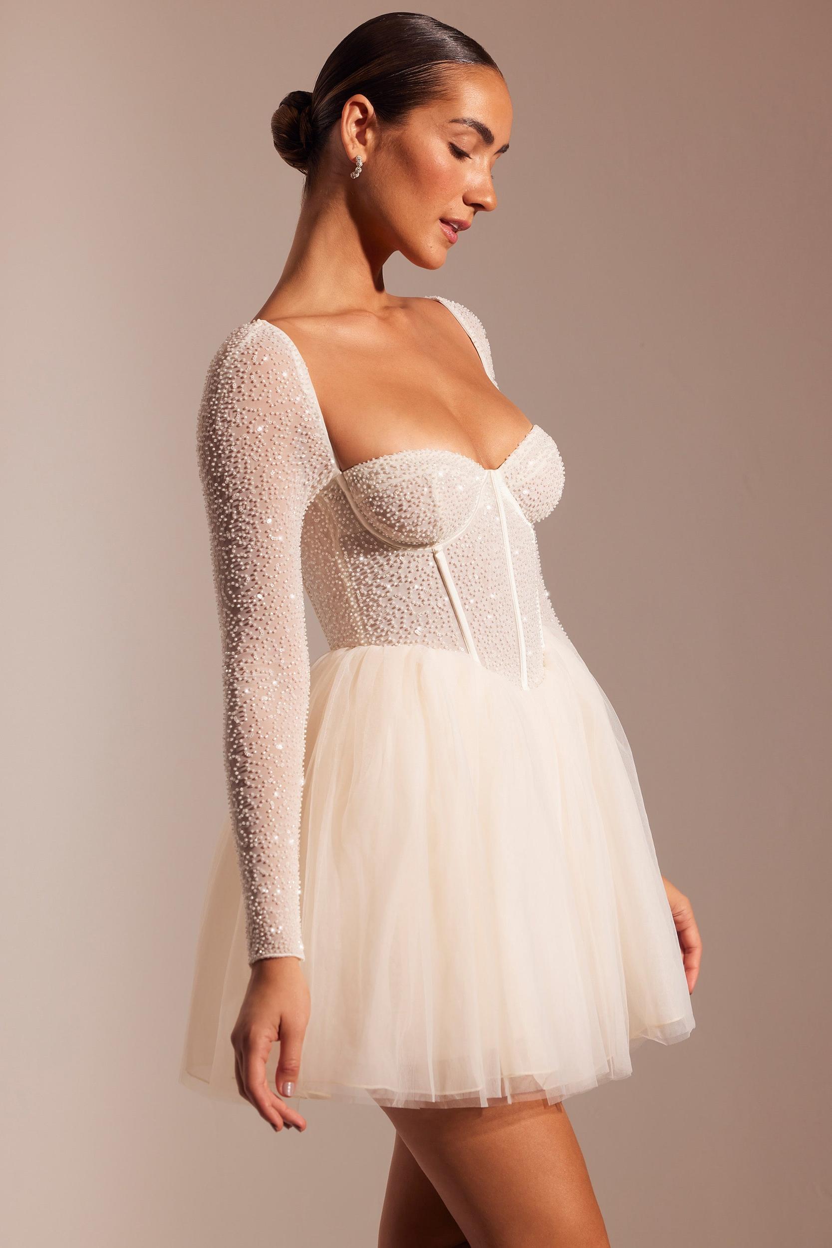 Embellished Long Sleeve Tulle Skirt Mini Dress in Ivory Product Image