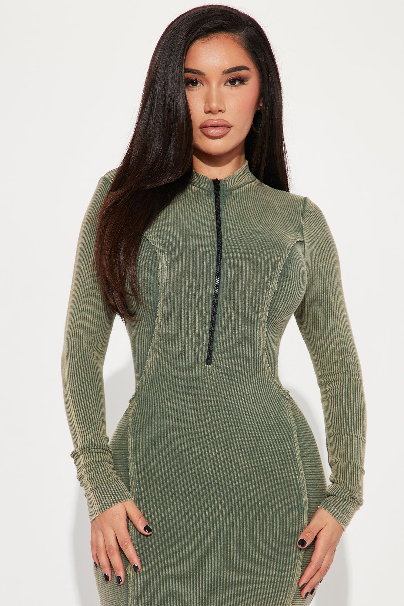 On The Run Ribbed Midi Dress - Olive Product Image