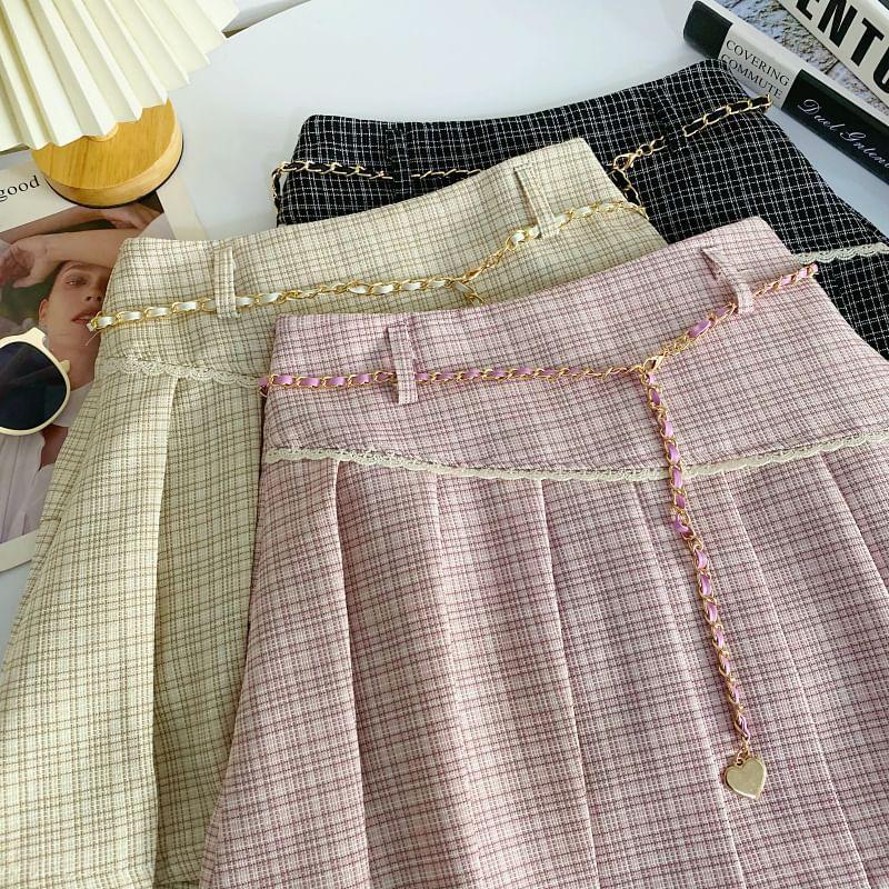 High Rise Plaid Lace Trim Pleated Mini A-Line Skirt Product Image