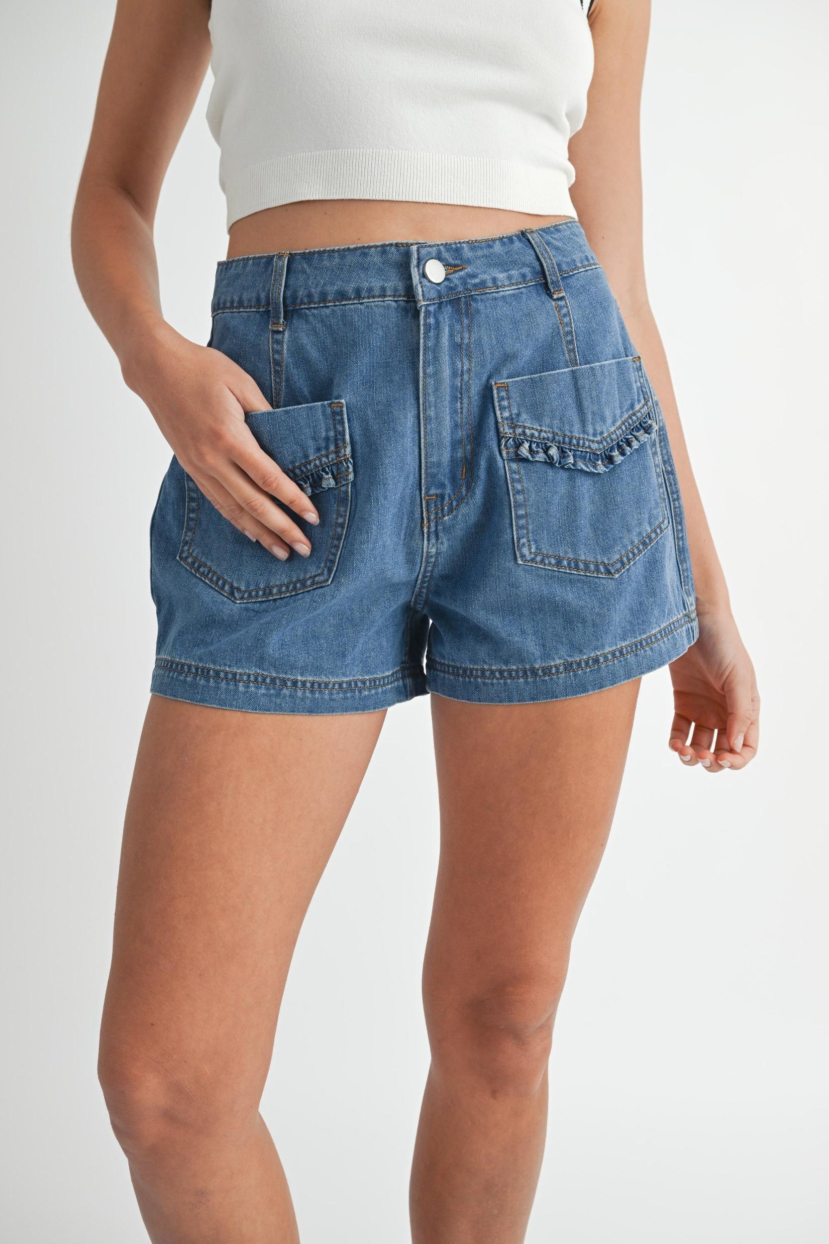 Cute Ruffle Front Pocket Denim Shorts Product Image