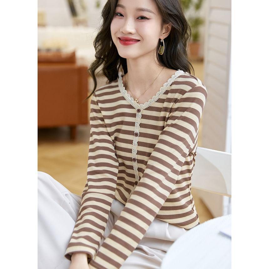 Long-Sleeve V-Neck Striped Ribbed Lace Trim Button T-Shirt Product Image