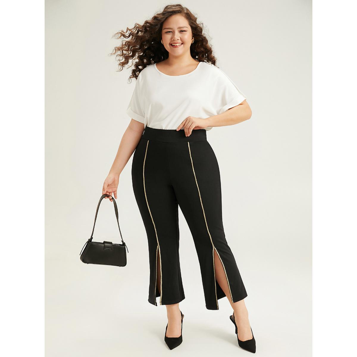 Plus Size Split Front Contrast Webbing Bootcut Pants Women Black Office Flare Leg High Rise Work Pants BloomChic 14-16/1X Product Image