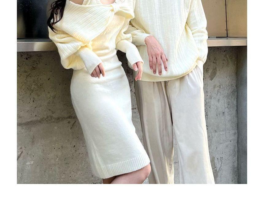 Couple Matching Long-Sleeve Plain Bow Shrug / Sleeveless Square Neck Knit Midi Sheath Dress / Crew Neck Ribbed Sweater / Set Product Image