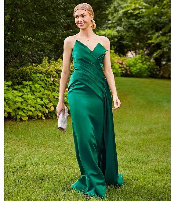 Terani Couture Satin Strapless Sleeveless Drape Side Mermaid Gown Product Image