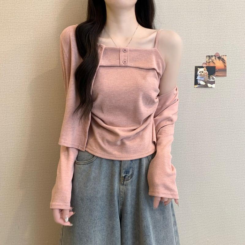 Set: Plain Crop Cardigan + Cami Top Product Image