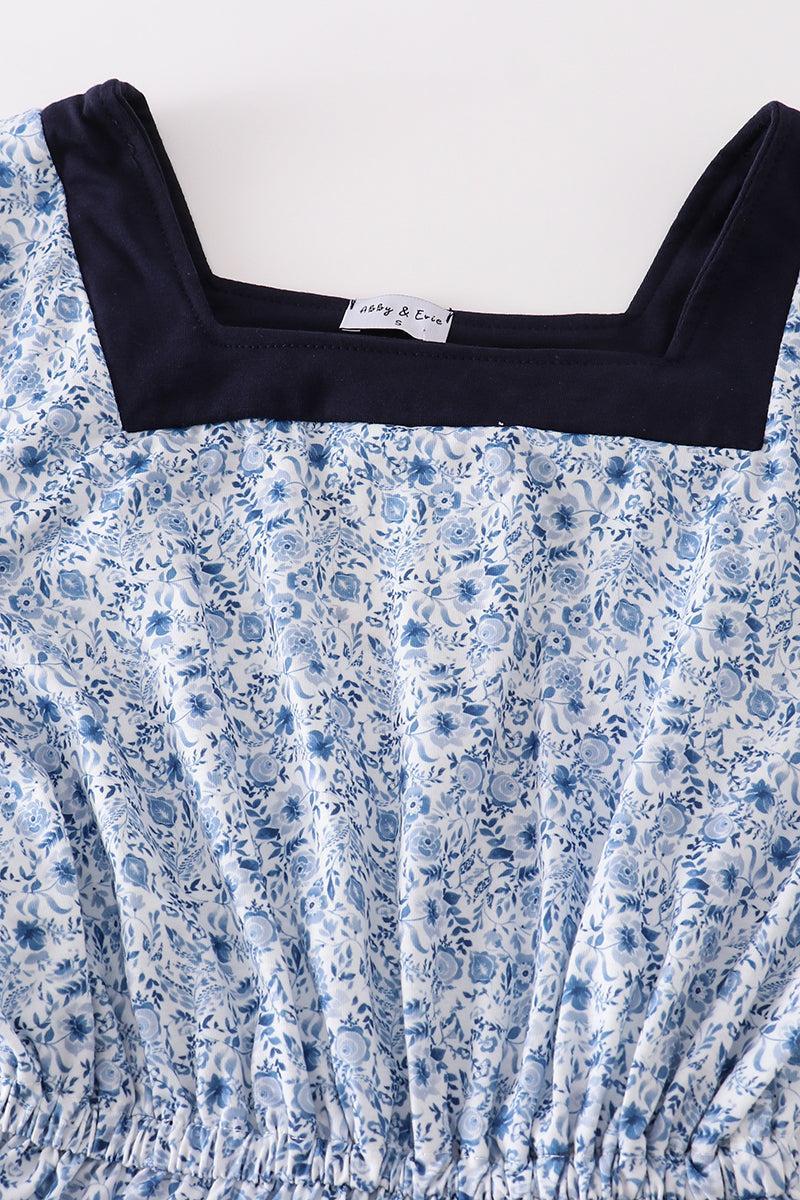 Blue floral print tiered mom ruffle dress Product Image