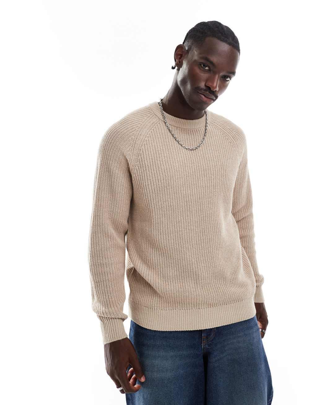 ADPT oversized fisherman rib crew neck sweater in beige Product Image