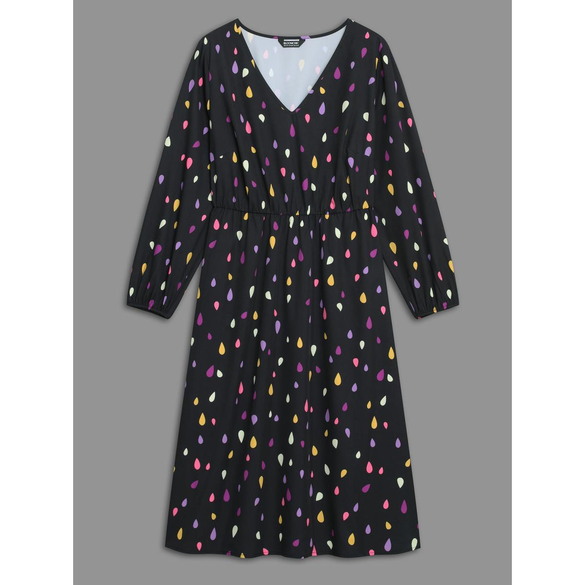 Plus Size V Neck Color Contrast Lantern Sleeve Dress Black Women Elegant Contrast V-neck Long Sleeve Curvy BloomChic 30/6X Product Image