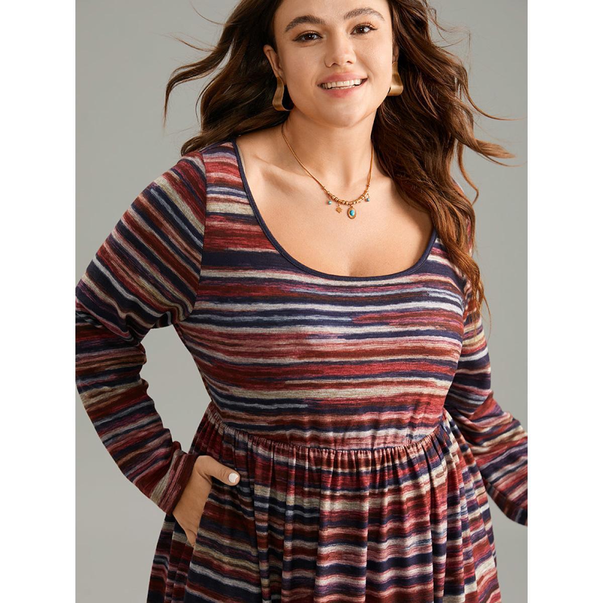 Plus Size Colour Striped Heather Elastic Waist Scoop Neck Dress Multicolor Women Casual Printed Scoop Neck Long Sleeve Curvy Midi Dress BloomChic 28/5X Product Image