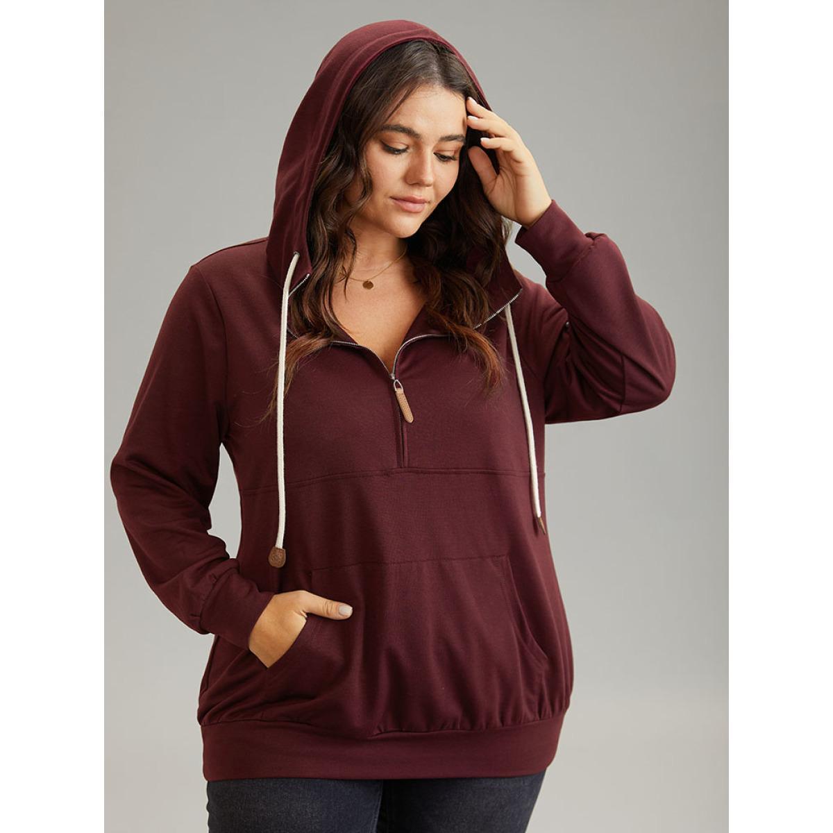 Plus Size Contrast Half Zip Patched Pocket Hooded Sweatshirt Women Burgundy Casual Contrast Hooded Dailywear Sweatshirts BloomChic 22-24/3X Product Image