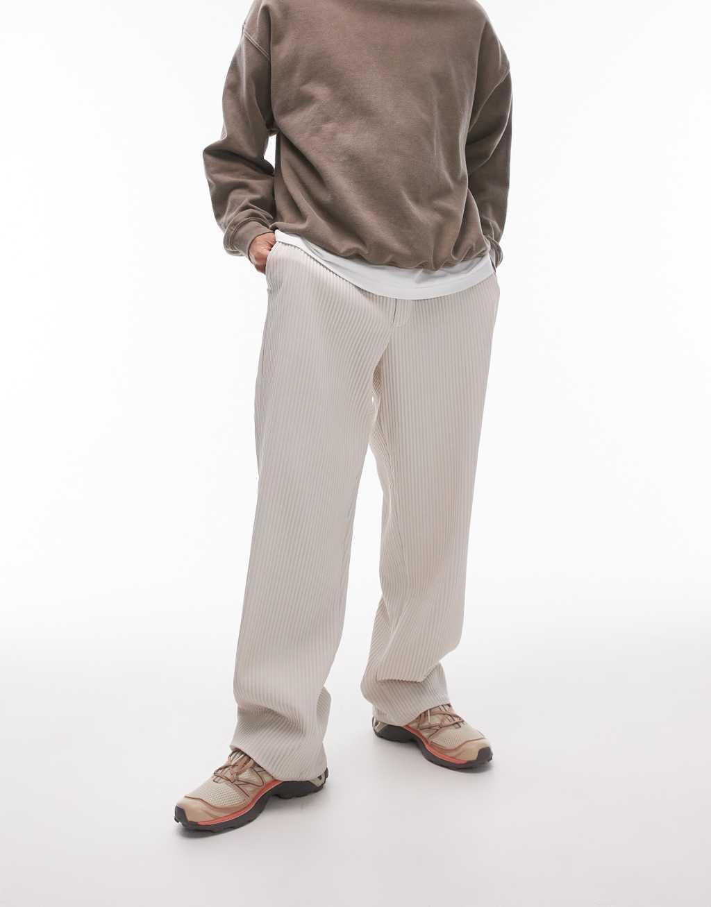 Topman wide leg plisse pants in light stone Product Image