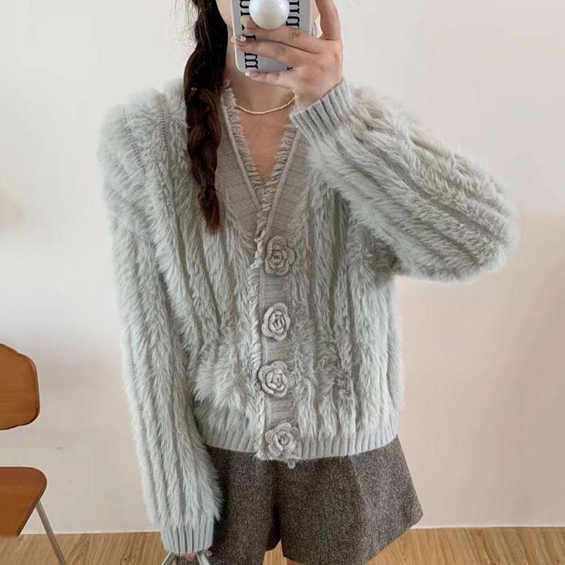 V-Neck Plain Fluffy Flower Button Crop Cardigan Product Image
