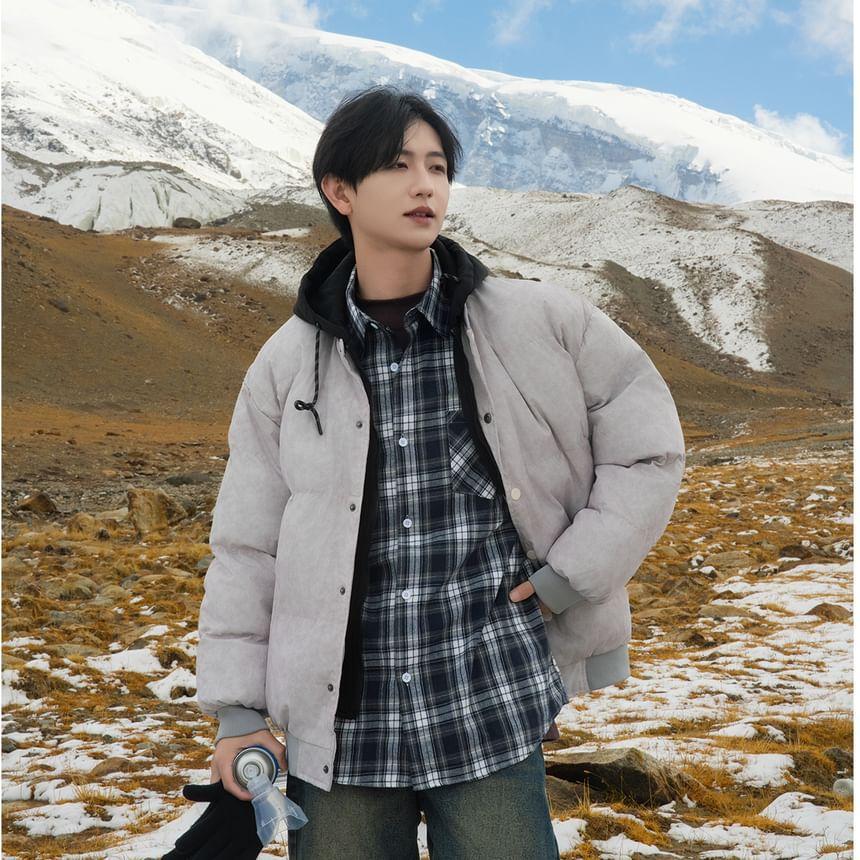 Washed Panel Hooded Button Puffer Jacket Product Image