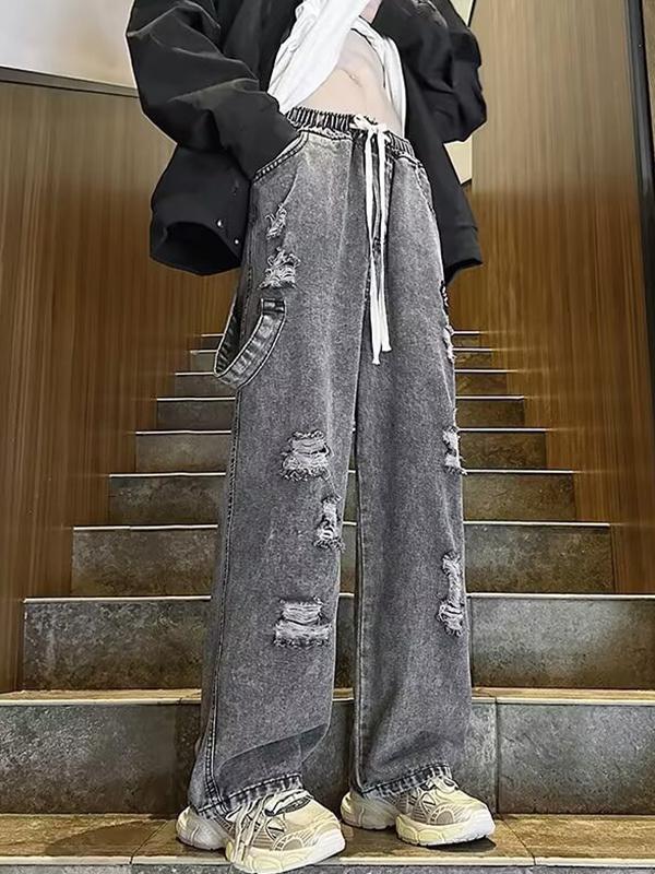 Men's Vintage Cross Embroidery Ripped Loose Jeans Product Image