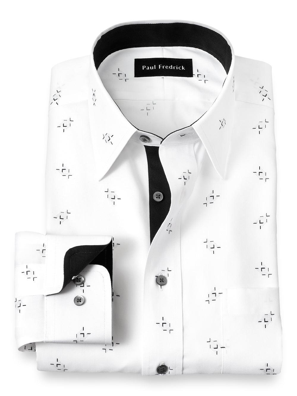 Non-Iron Cotton Houndstooth Print Dress Shirt With Contrast Trim - White Product Image