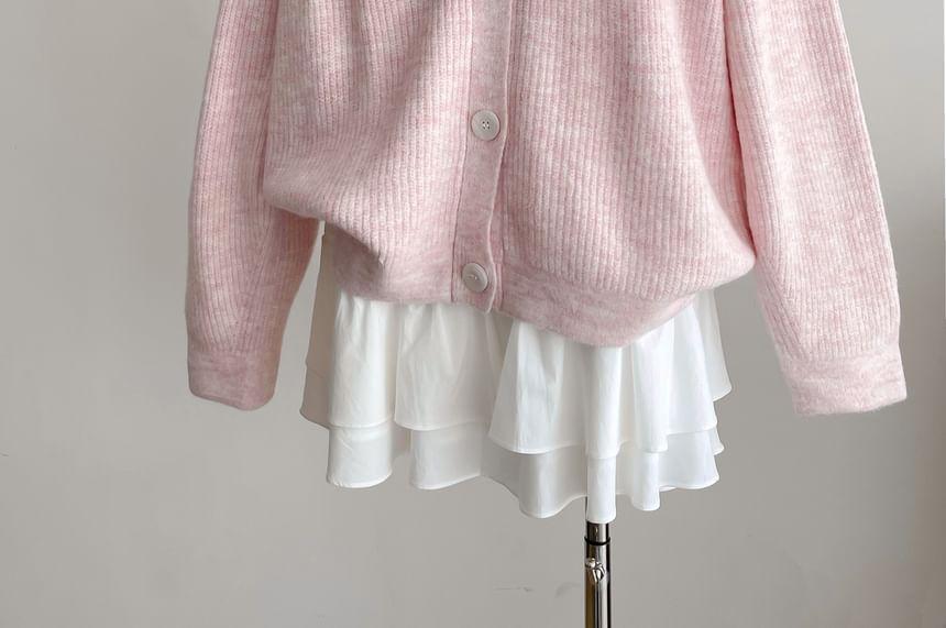 V-Neck Plain Ribbed Cardigan Product Image