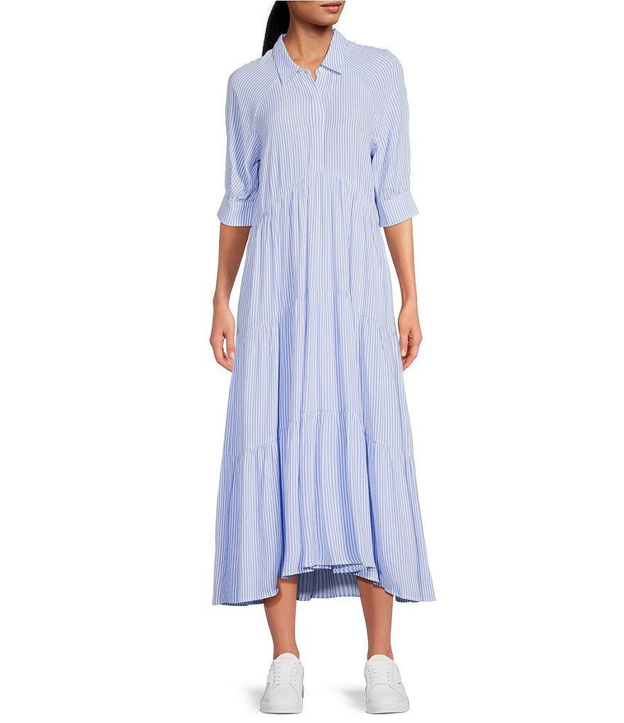 A Loves A Pinstripe Print Button Point Collar 3/4 Blouson Cuff Sleeve Tiered Waistless Midi Shirt Dress Product Image