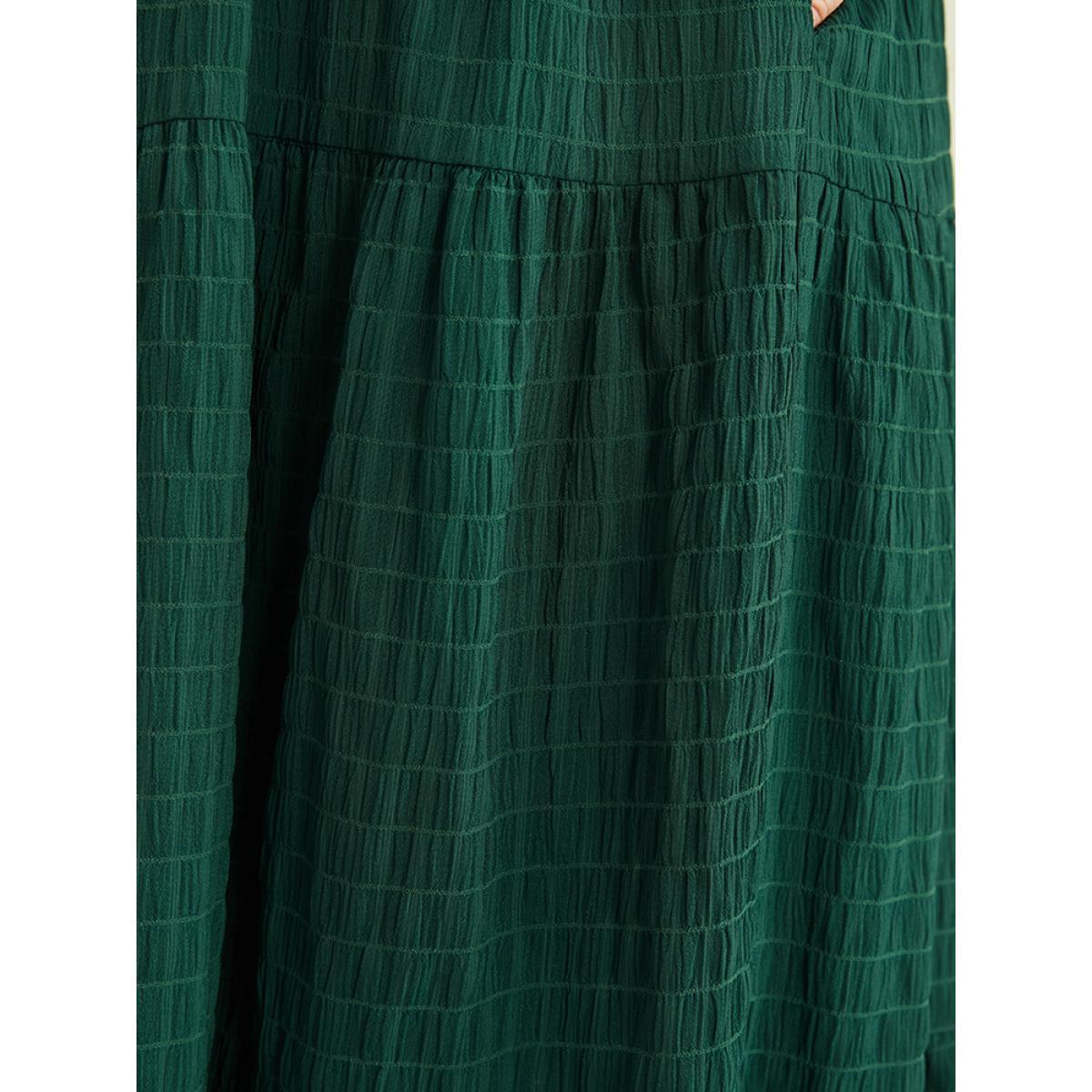 Plus Size Solid V Neck Lantern Sleeve Pocket Gingham Flutter Dress DarkGreen Women Elegant Pocket V-neck Long Sleeve Curvy Midi Dress BloomChic 12/L Product Image