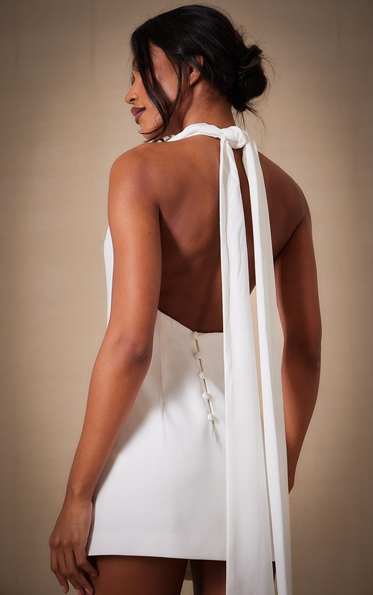 Premium White Woven Tie Halter Neck Dress Product Image