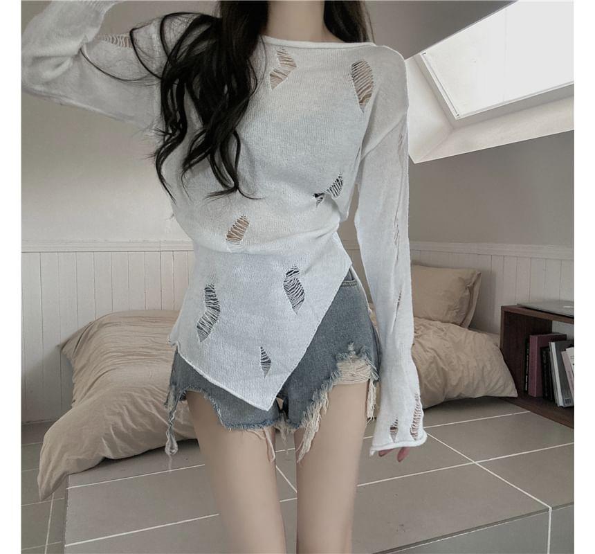 Long-Sleeve Boat Neck Plain Asymmetrical Distressed Sheer Slim Fit Knit Top Product Image