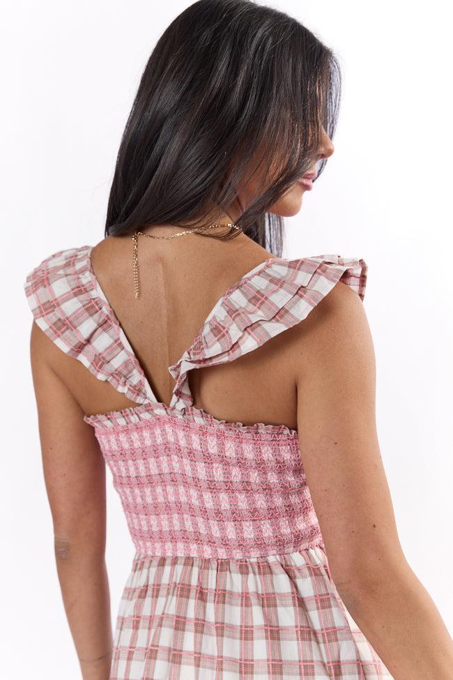 Checked Treasures Pink and Brown Plaid Tiered Midi Dress SALE Product Image