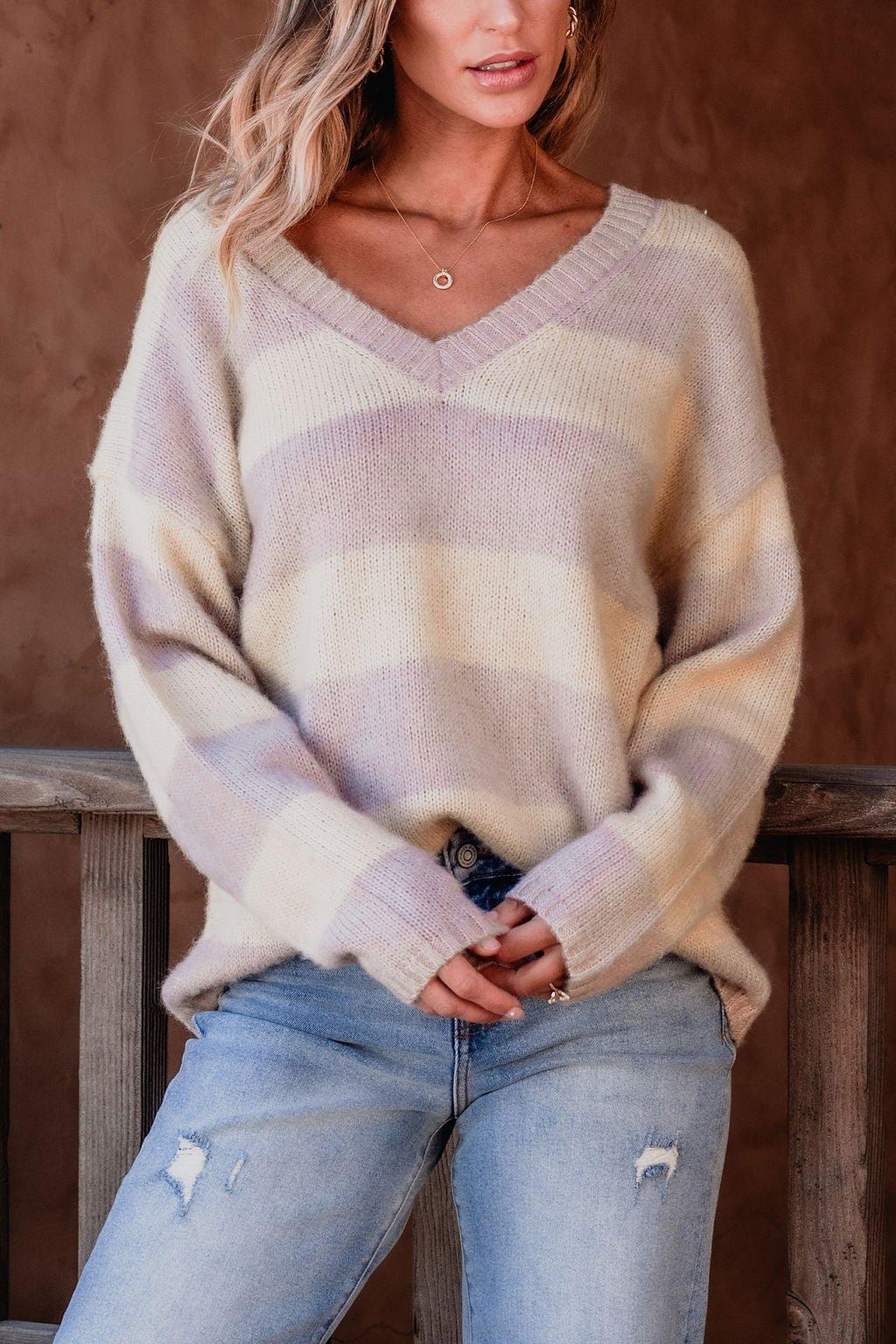 Lavender Striped V Neck Sweater - FINAL SALE Product Image