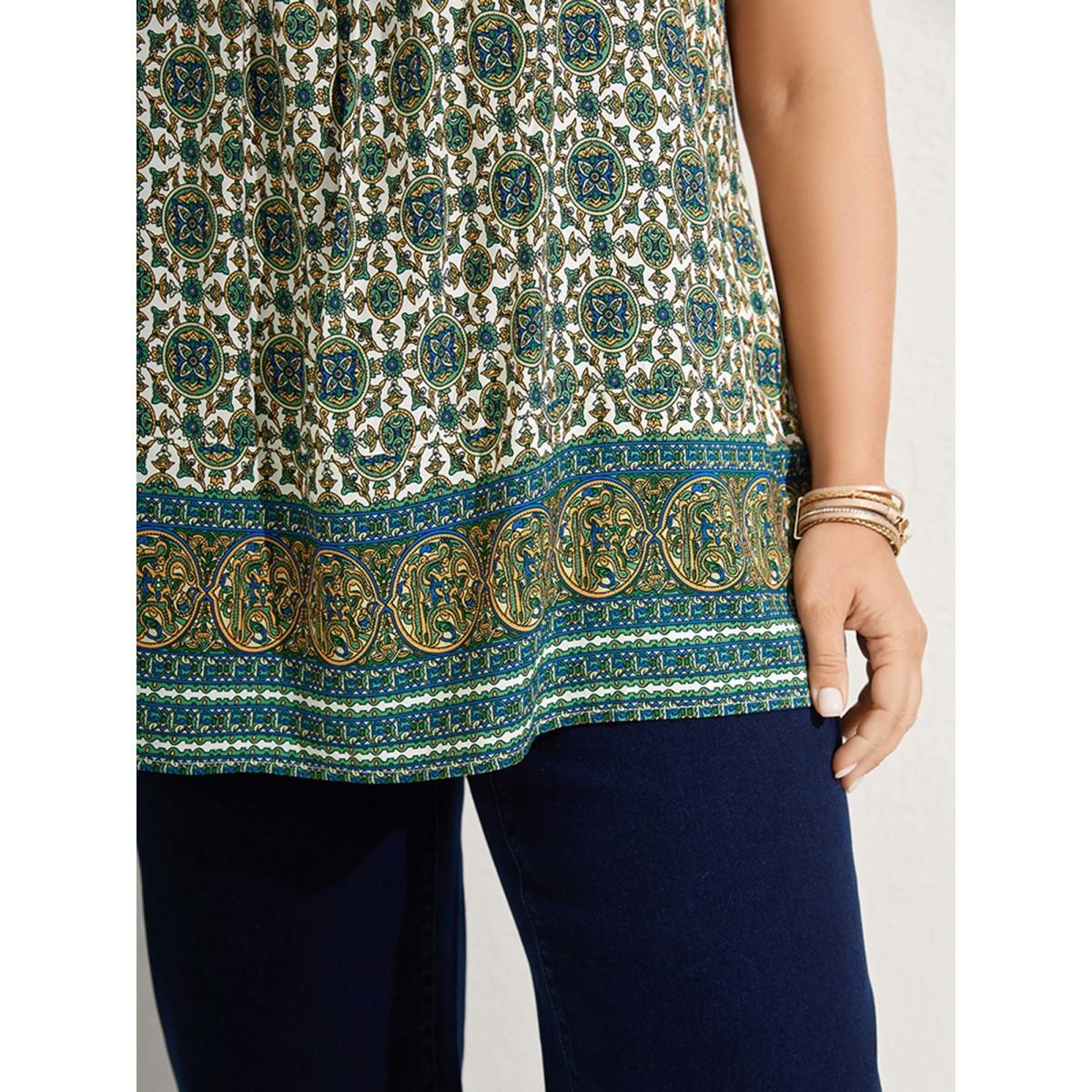 Plus Size Floral Print Pleated Neckline Tank Top Women Teal Pleated Square Neck Vacation Tank Tops Camis BloomChic 10/M Product Image