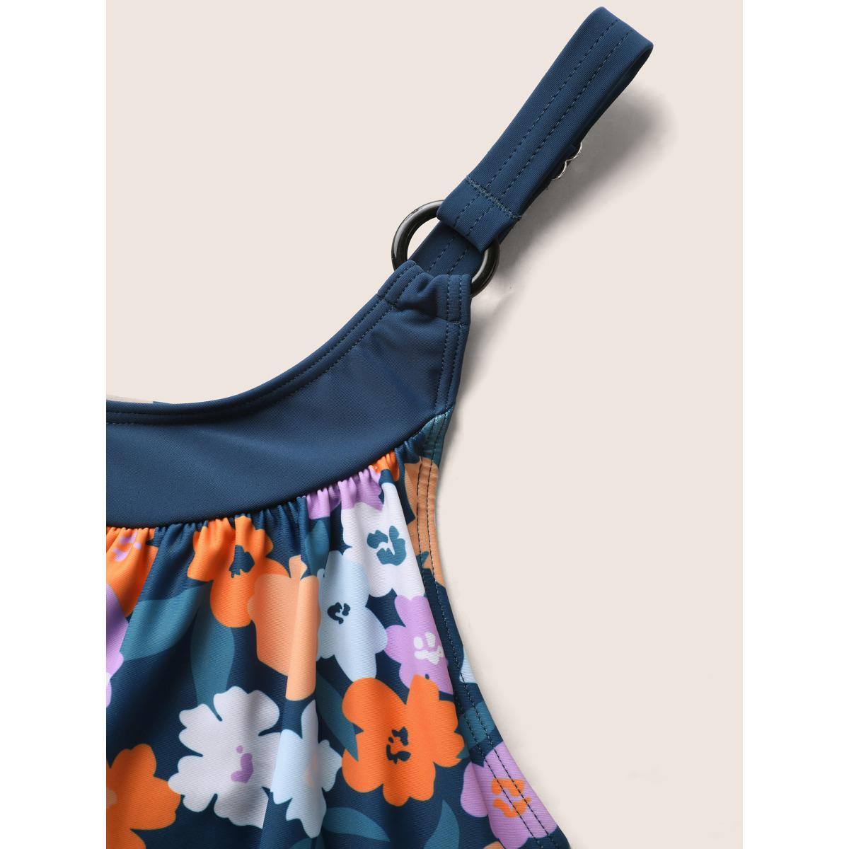 Plus Size Floral Patchwork Round Buckle Detail Swim Top Women's Swimwear Indigo Beach Contrast High stretch Bodycon Heart neckline Curve Swim Tops BloomChic 22-24/3X Product Image