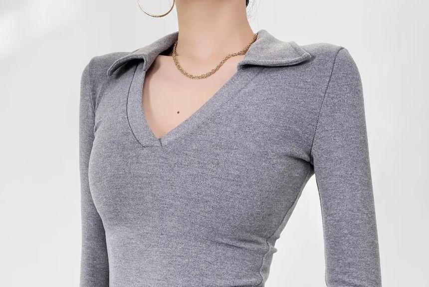 Long-Sleeve Plain Polo Top Product Image