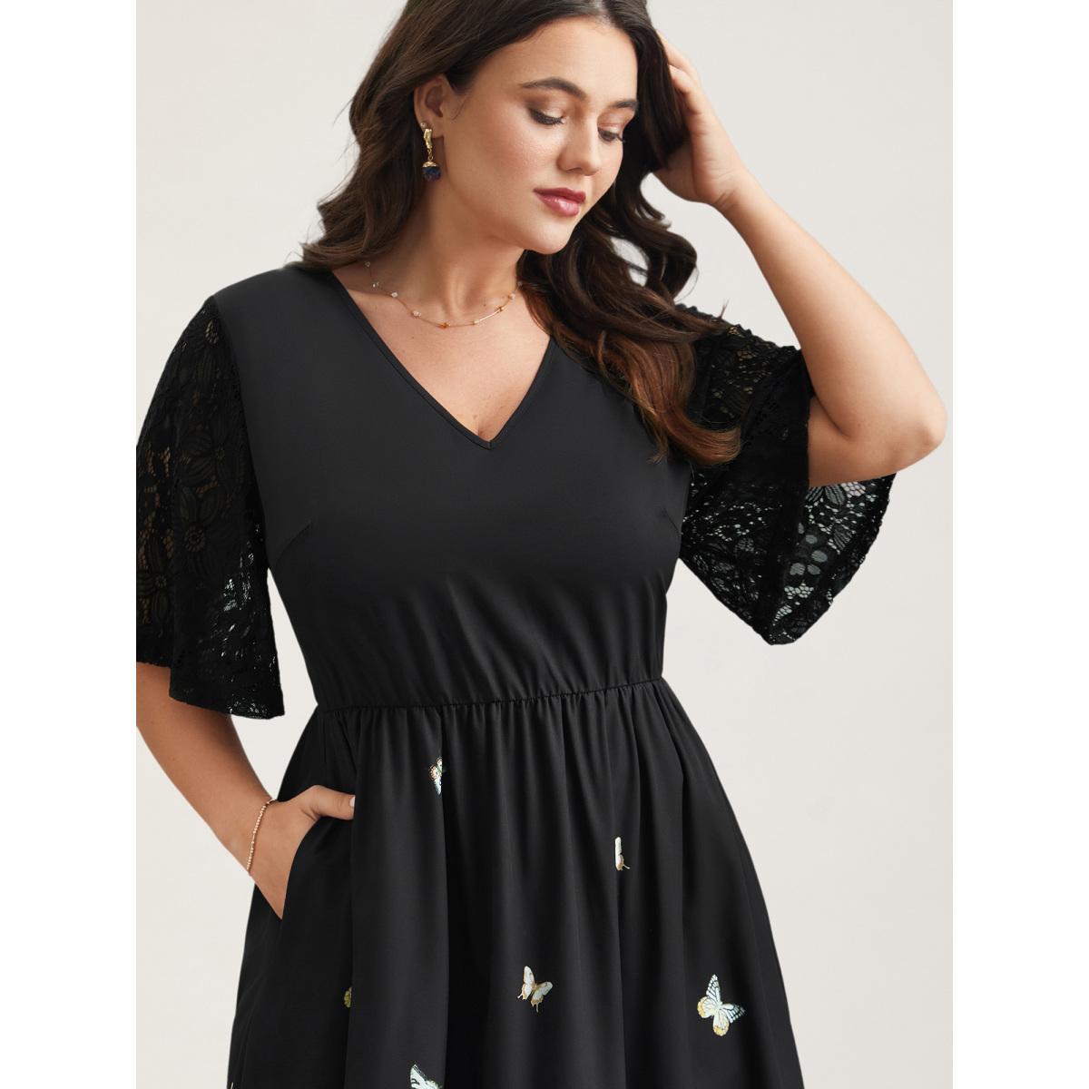 Plus Size Gardenia Print Waist-Cinched Lace Midi Dress Black Women Elegant Texture V-neck Short sleeve Curvy BloomChic 22-24/3X Product Image