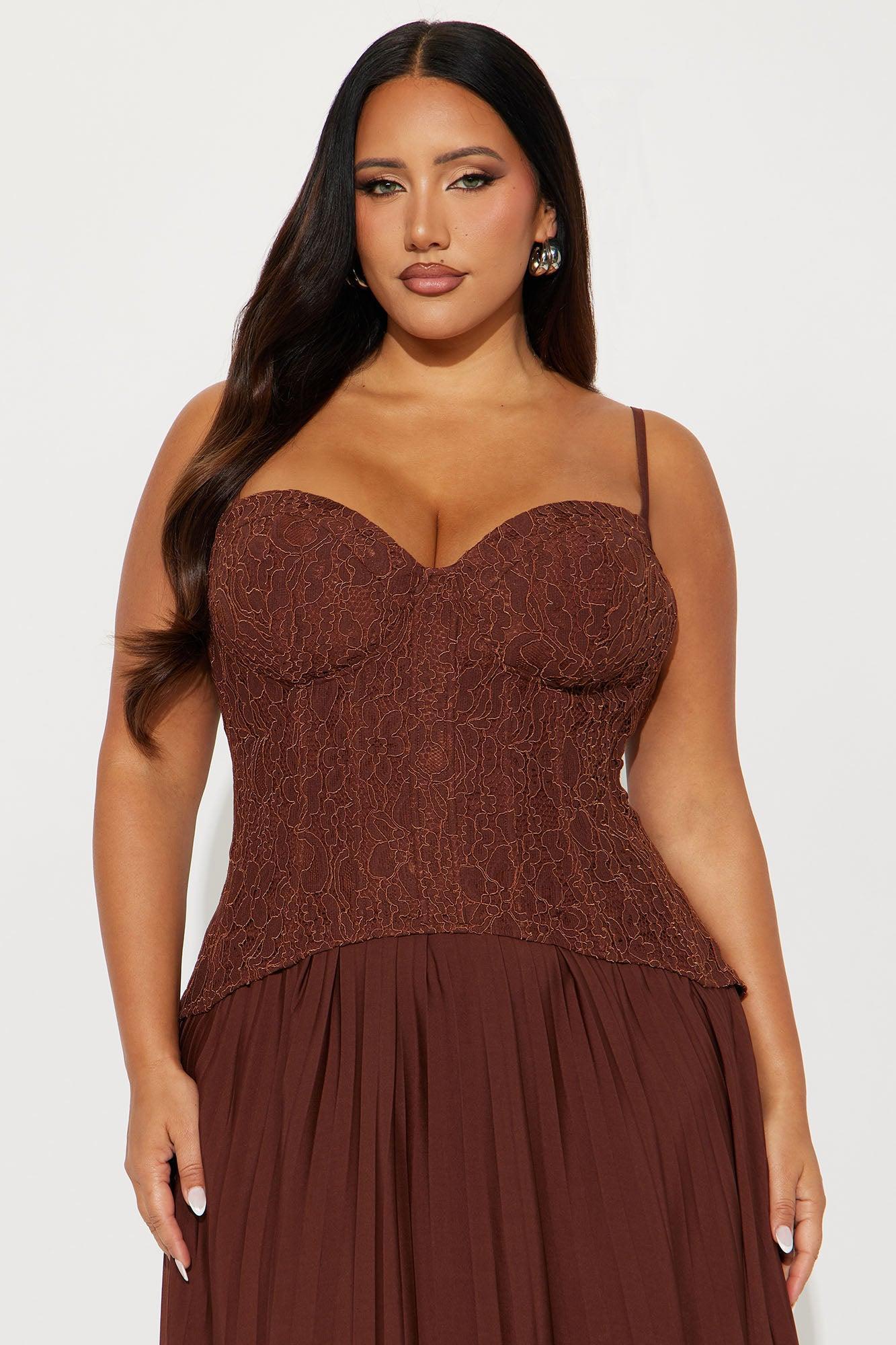 Daniella Lace Corset Pleated Maxi Dress - Chocolate Product Image