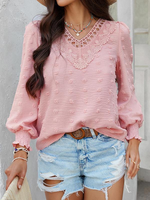 Long Sleeves Loose Elasticity Hollow Jacquard Solid Color V-Neck Blouses&Shirts Tops Product Image