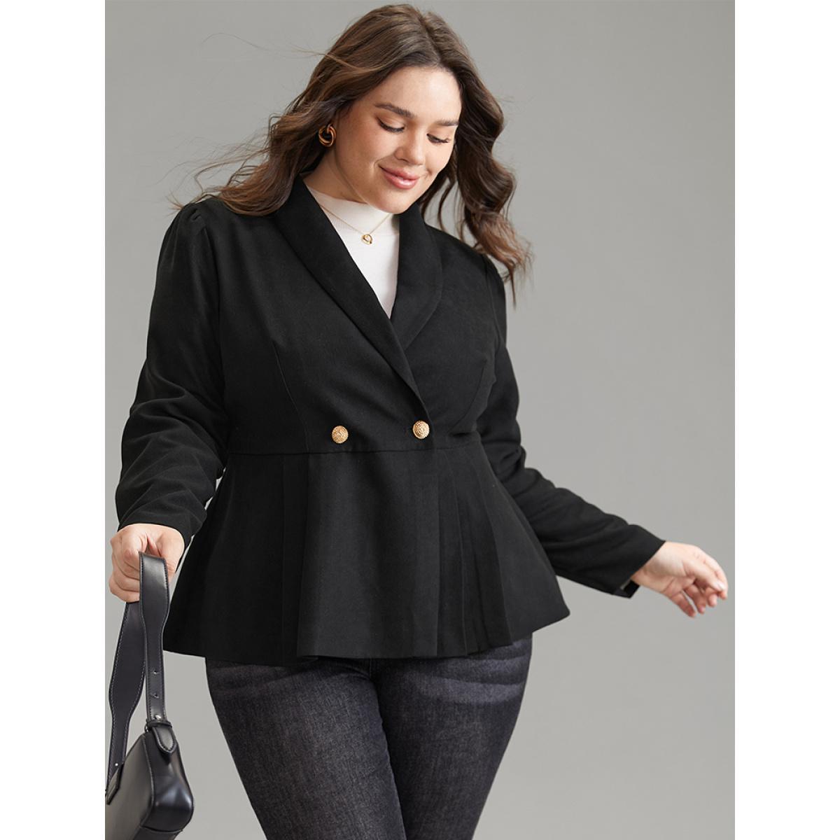 Plus Size Lapel Collar Plicated Detail Button Up Blazer Black Women Work Plain Lined Sleeve Long Sleeve Lapel Collar 12/L Workwear Essentials Blazers BloomChic Product Image