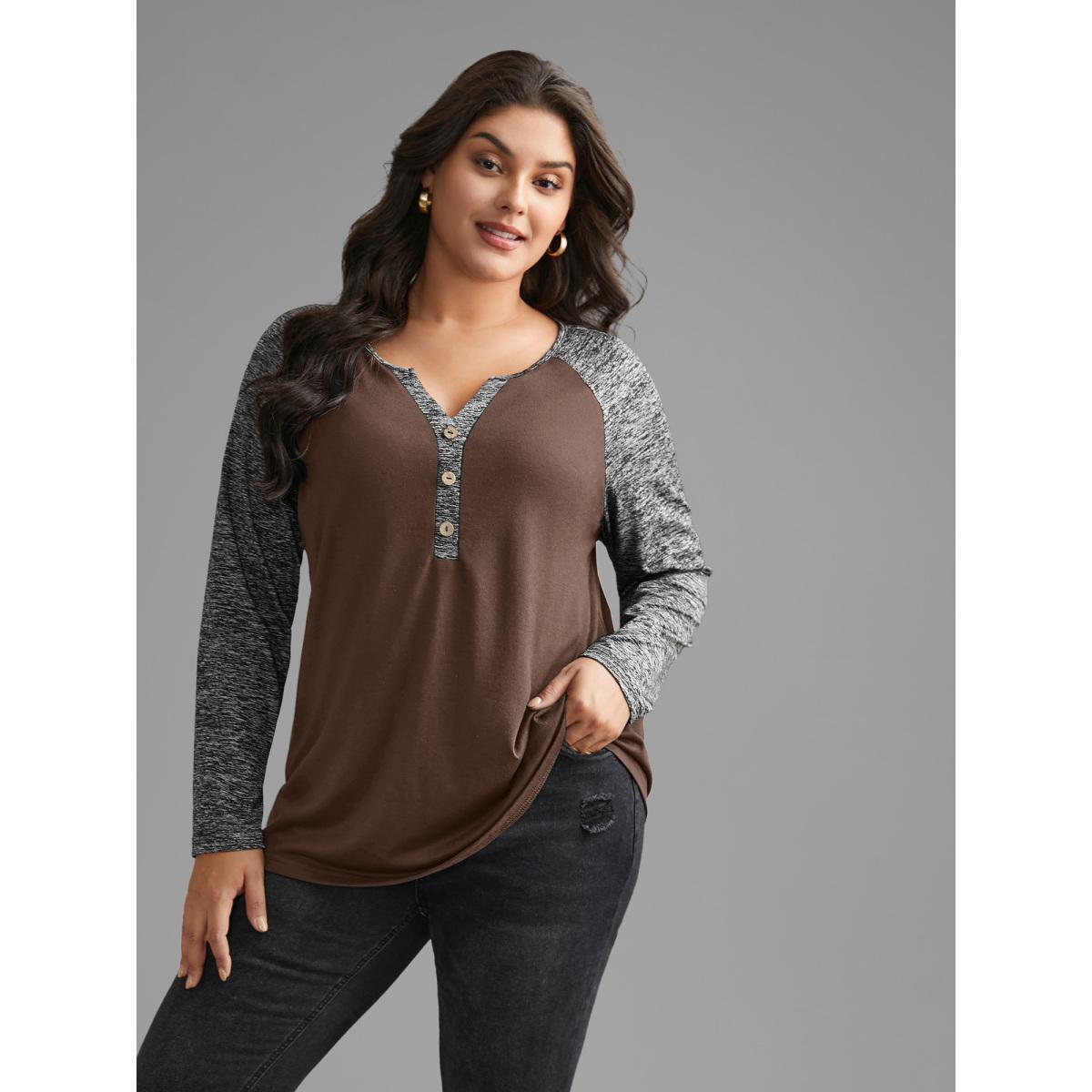 Plus Size Heather Patchwork Button Detail Stretchy T-Shirt DarkBrown Women Casual Contrast Flat collar with V-notch Everyday T-shirts BloomChic 26/4X Product Image