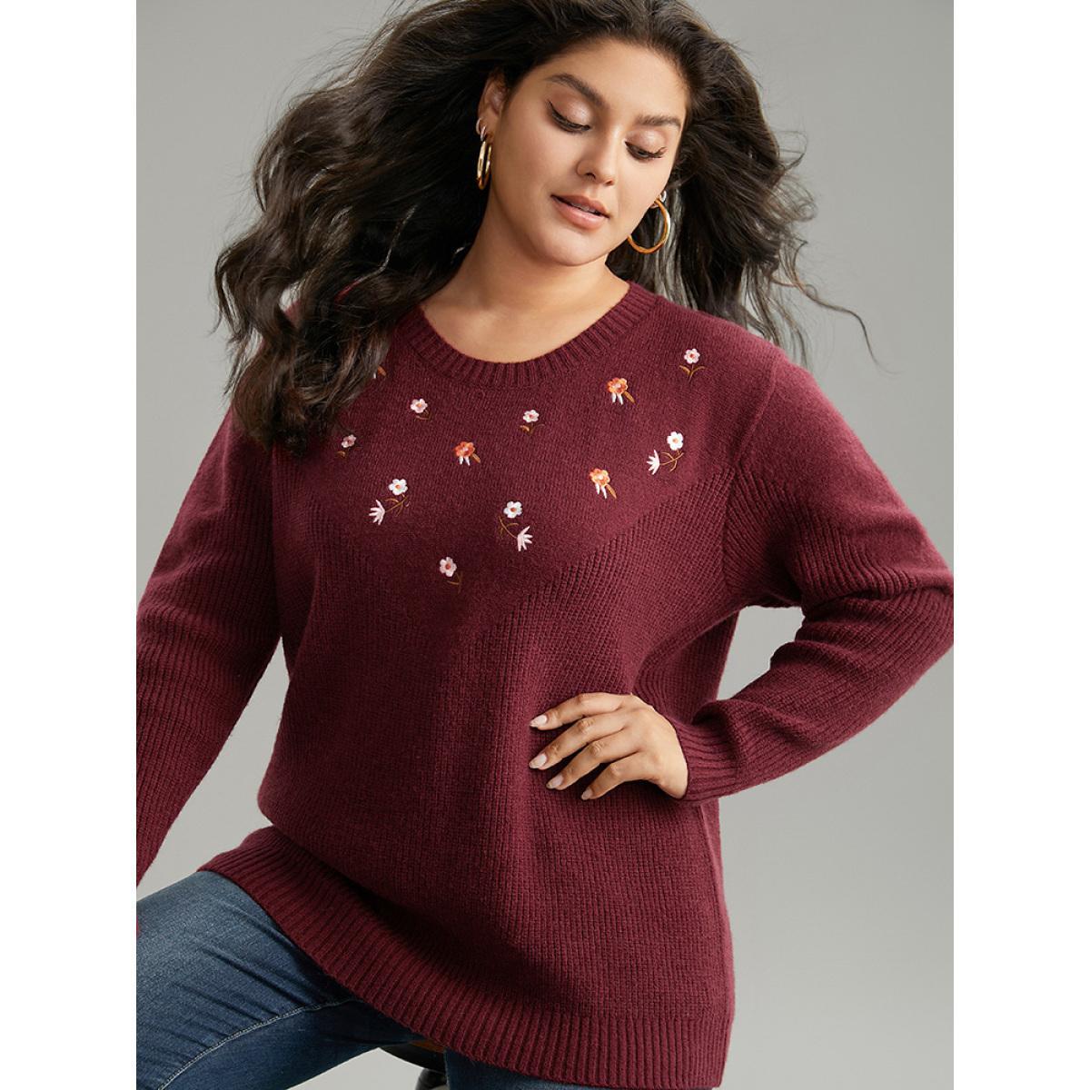 Plus Size Floral Embroidered Loose Elastic Cuffs Pullover Burgundy Women Casual Loose Long Sleeve Round Neck Dailywear Pullovers BloomChic 14-16/1X Product Image