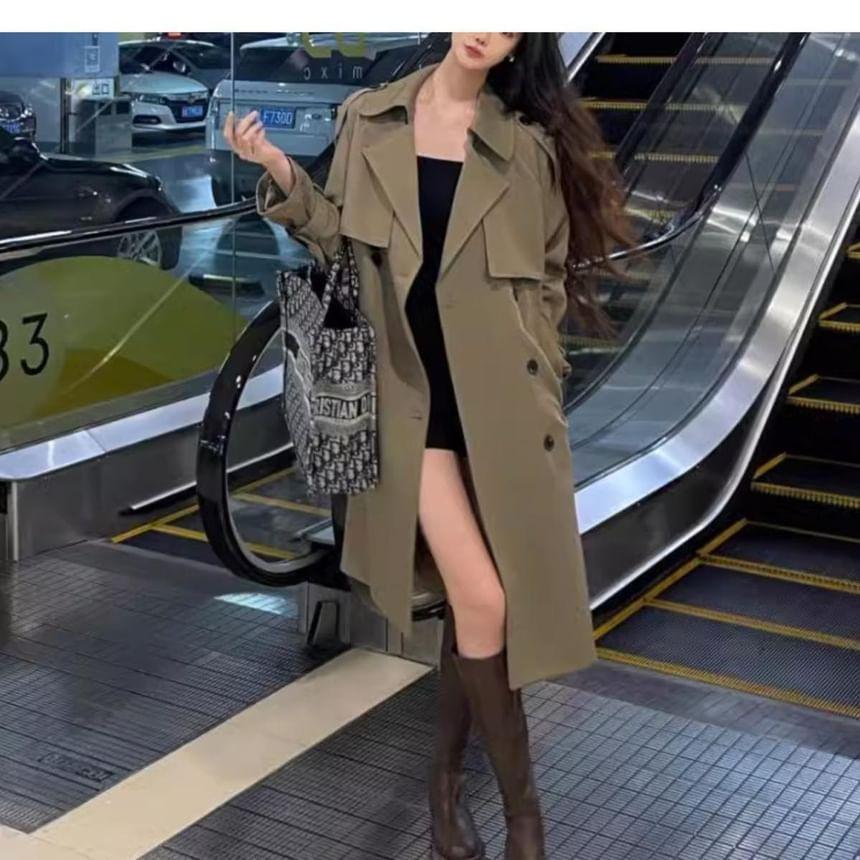 Collared Plain Midi Double Breasted Trench Coat Product Image