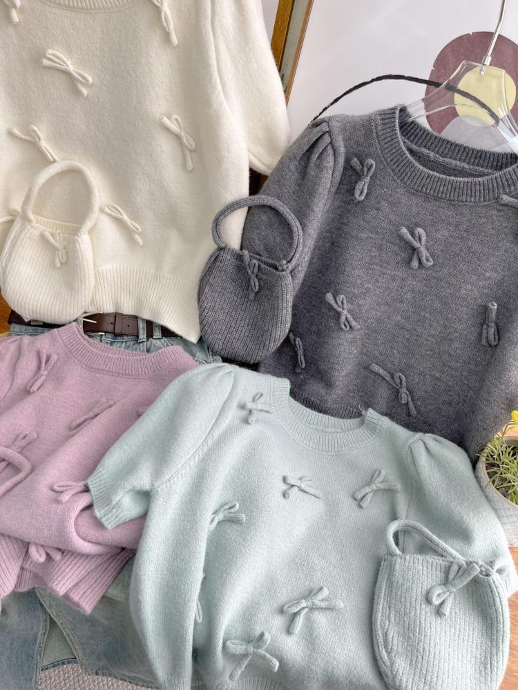 Set: Short-Sleeve Crew Neck Plain Bow Accent Crop Knit Top + Handbag Product Image