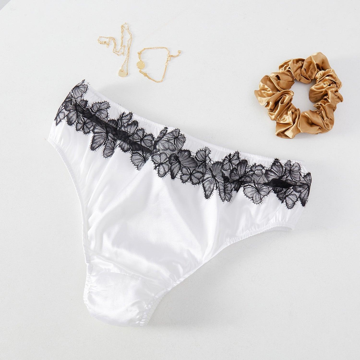 Butterfly Effect | Custom Pure Pure Silk Bikini Pantie | Mid Waist | Black and White Lace on Mulberry Silk | Brush Collection Product Image