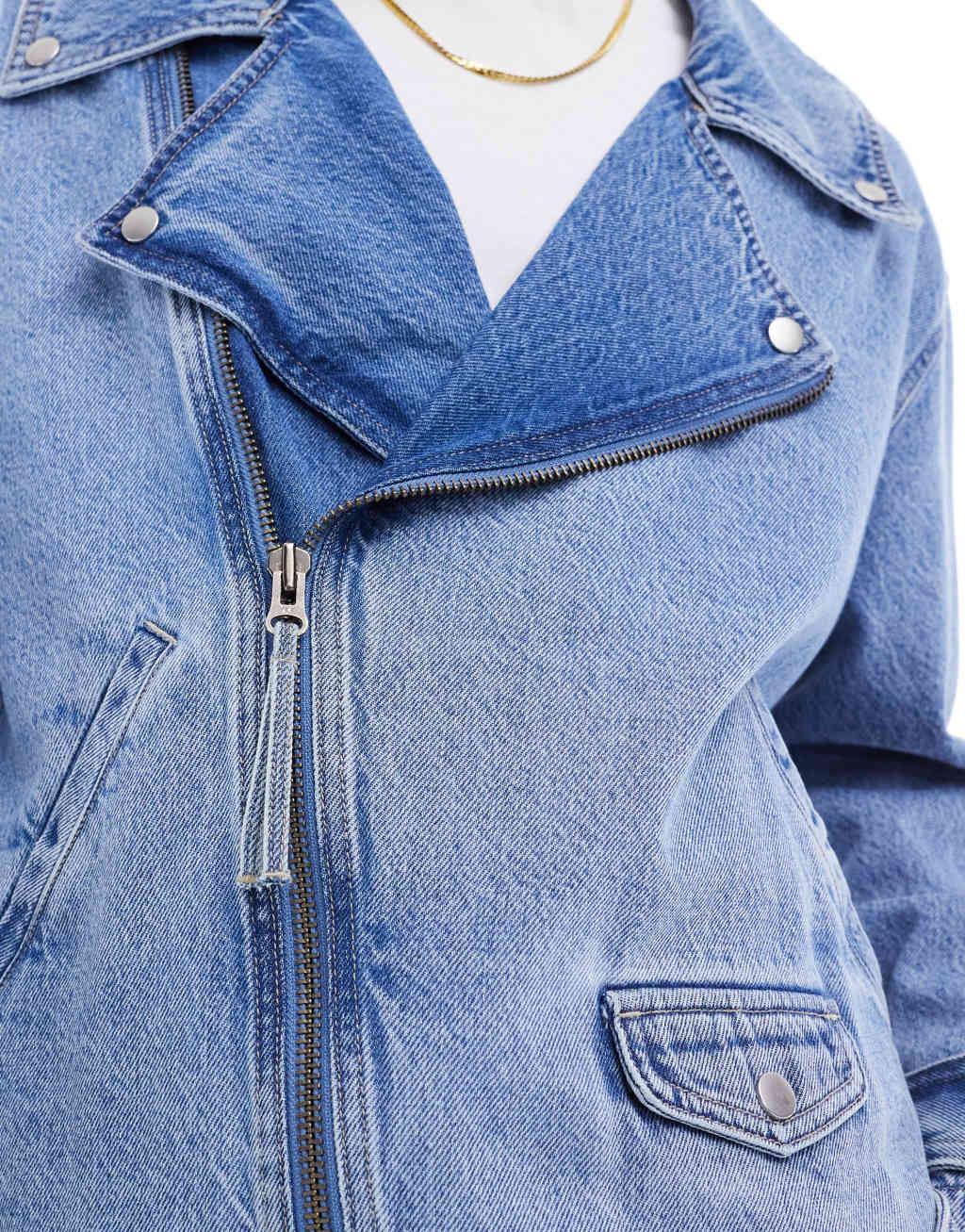ASOS DESIGN oversized moto jacket in mid wash blue Product Image