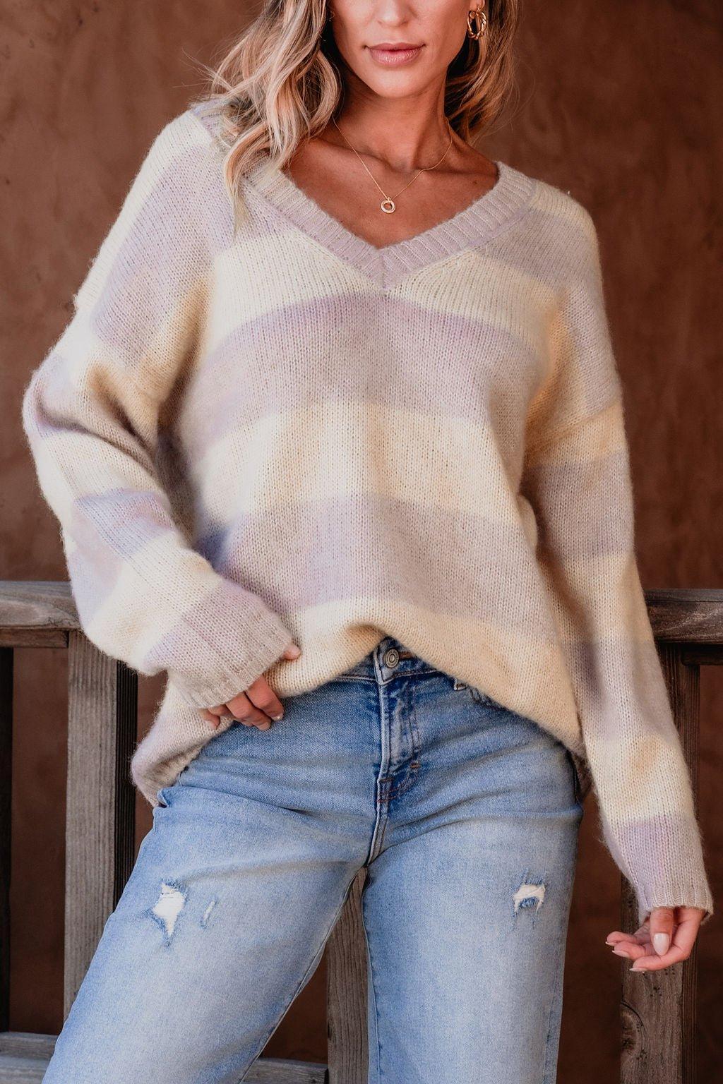 Lavender Striped V Neck Sweater - FINAL SALE Product Image